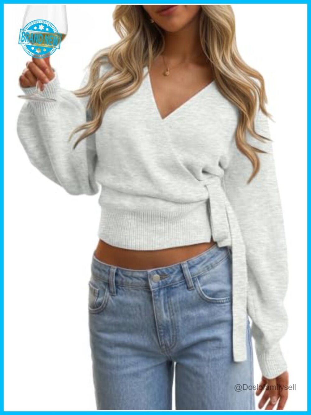 Women's Wrap Cropped Open Front Pullover Sweater Tie Front Knit Top